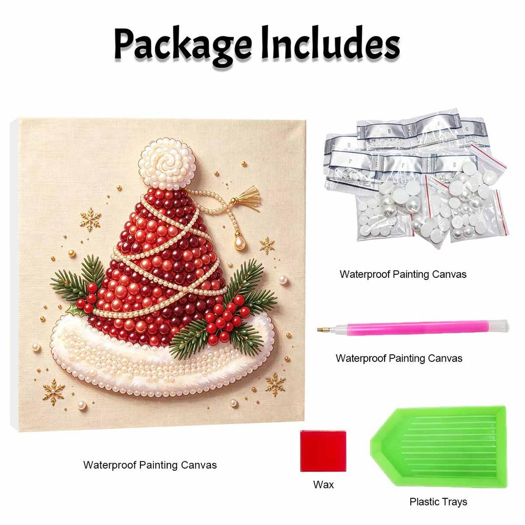 Premium Framed Pearl Art Kit with Christmas Santa Hat Pattern 5D Sparkling Bead Canvas DIY Relaxing Craft for Home Wall Decor Gift