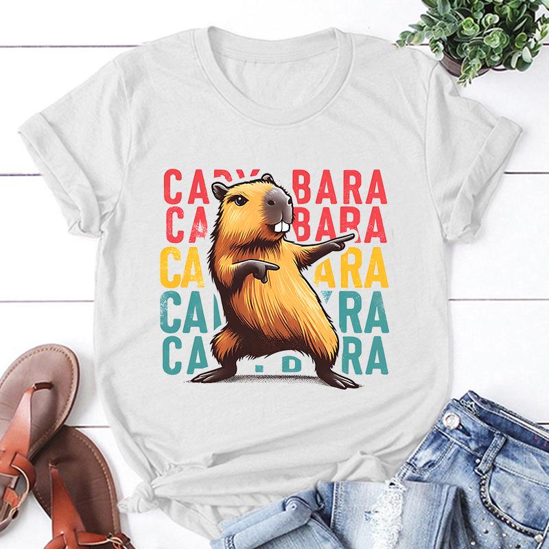 Capybara Print Tshirt Unisex Casual Short Sleeve T Shirt Women Fashion Capybara Graphic Print Tops Tees M белый