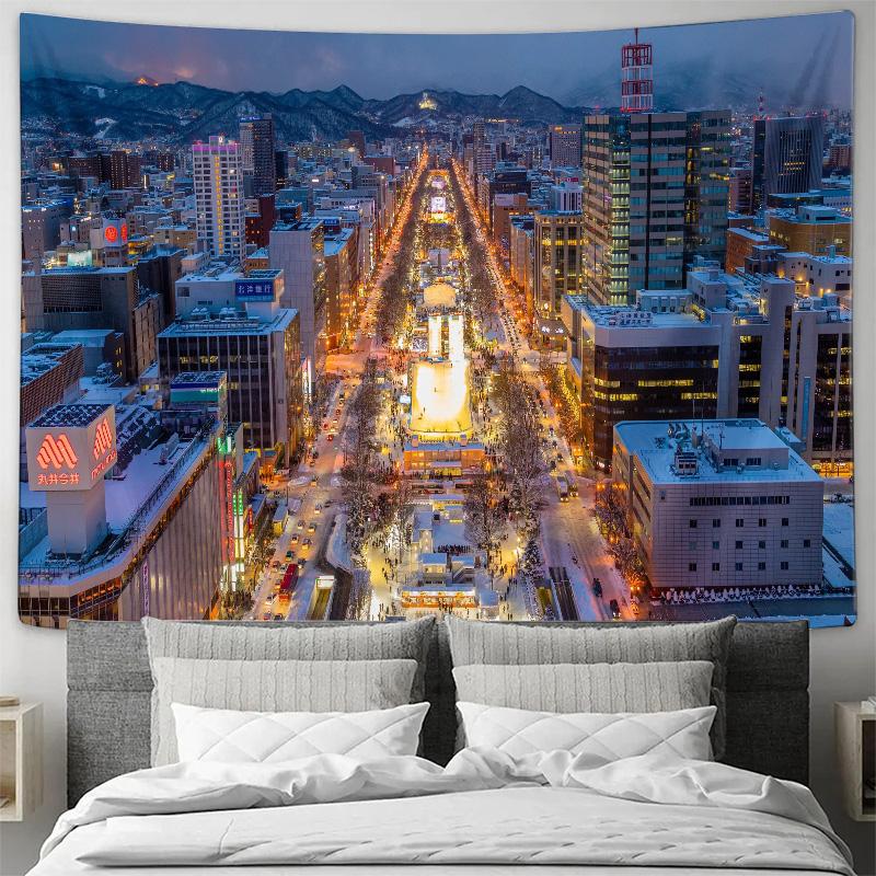 Snowy Night View Tapestry Modern Japanese Architecture Elegant Cityscape Art 74x94cm(29x37in)