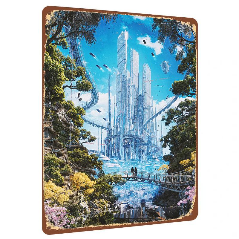 

Futuristic Tech City Metal Wall Art Modern Home Decor Living RoomWall Hanging Art Mural 20x30cm（7.8x11.8inch）