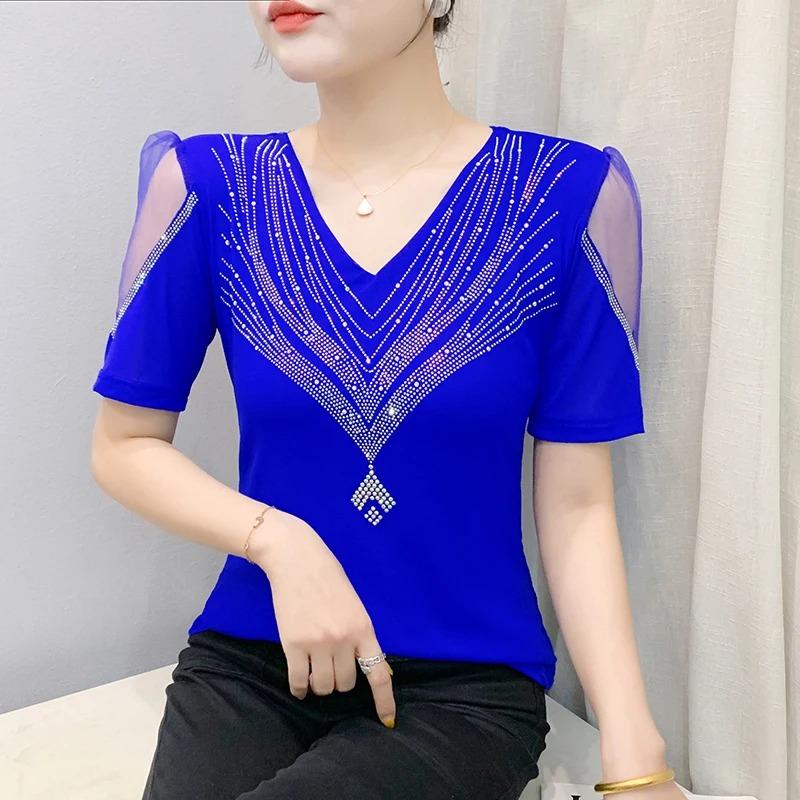 Summer V Neck Mesh Korean Fashion Patchwork Diamond Shirt Short Sleeve Women T Shirt