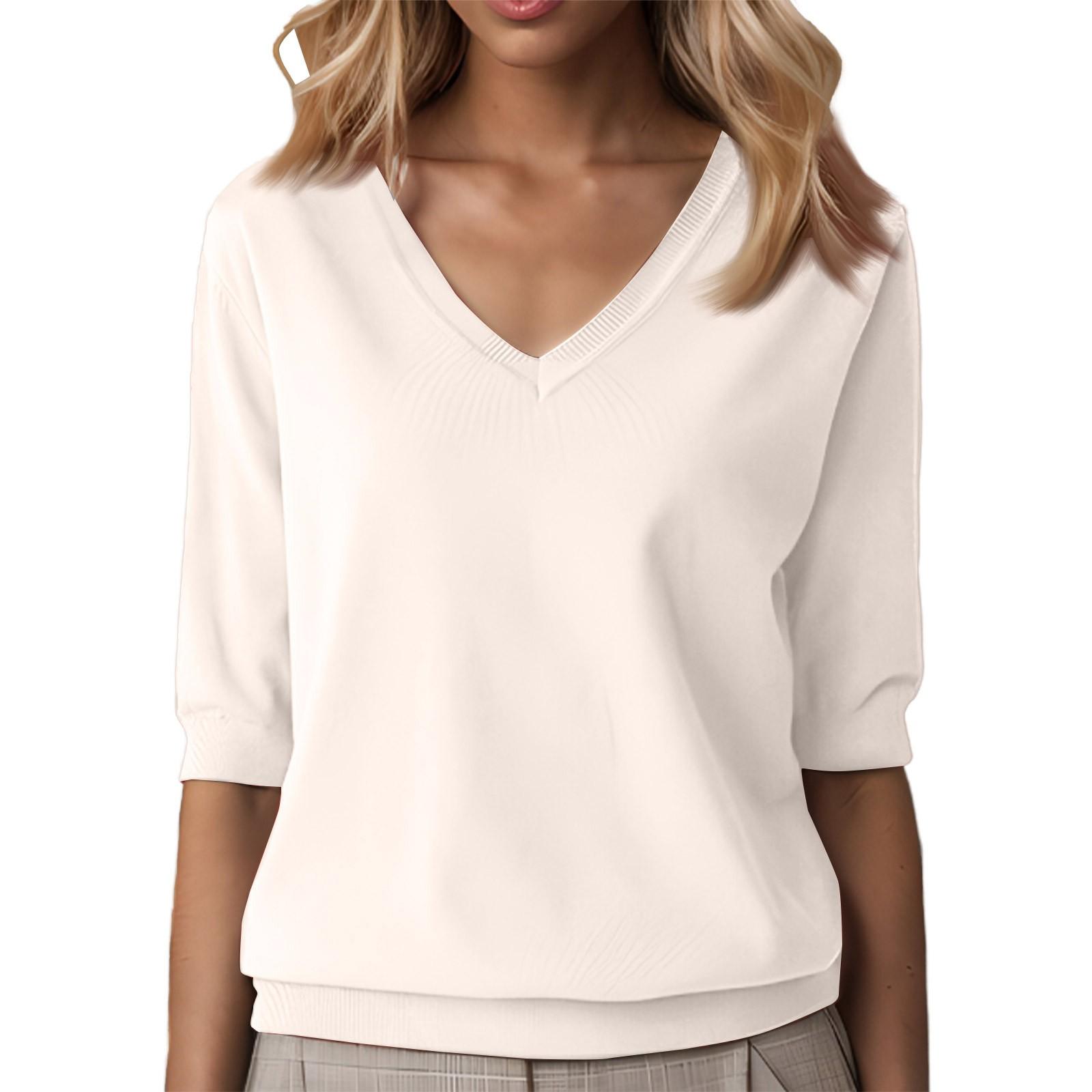 

Модный женский трикотажный свитер с V-образным вырезом, свободная рубашка, футболка M бежевый