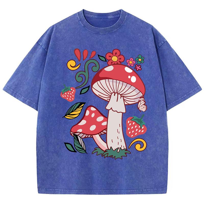 Beautiful Mushrooms Flower Strawberries Printed Washed T-Shirt Women Loose Cotton T Shirts Trendy Y2K Short Sleeve Top
