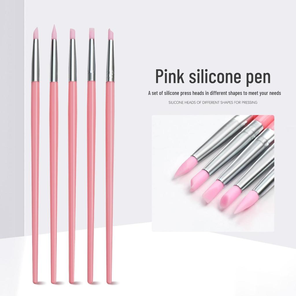 5-Piece Pink Silicone Nail Art Pen Set for Carving, Embossing, Gradient, and Mirror Powder Blending