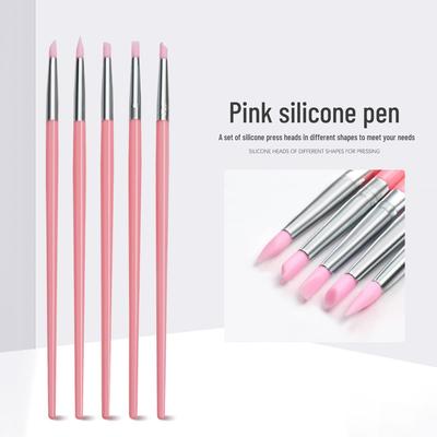 5-Piece Pink Silicone Nail Art Pen Set for Carving, Embossing, Gradient, and Mirror Powder Blending