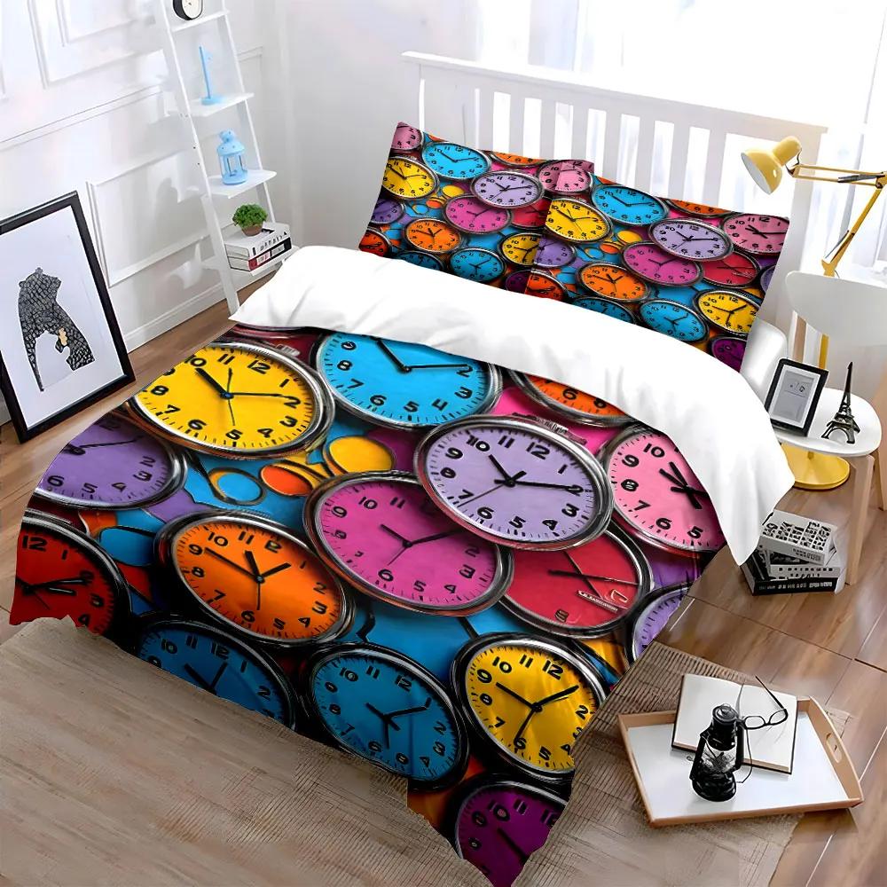 Buntes niedliches Uhr-Print 3-teiliges Set Dekoration Weich Bequem Bettbezug Bettwäsche-Set Enthalten 1*Bettbezug & 2*Kissenbezüge Geschenk