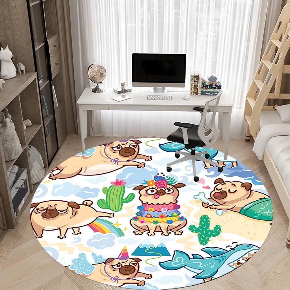 1PC Pug Party Office Round Area Rug, Mat Suitable ForOffice, Under Office Chairs Bedroom Living Room Home Decor, Room Deco