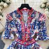 Summer Women Elegant Flare Sleeve Designer Print Runway Dresses V-neck Single Breasted Mini Short Party Dress