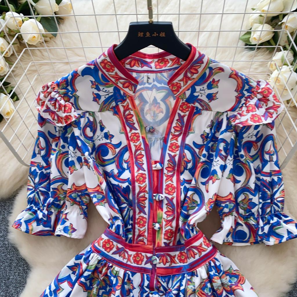 Summer Women Elegant Flare Sleeve Designer Print Runway Dresses V-neck Single Breasted Mini Short Party Dress