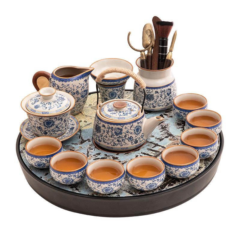 Small Apartment Household Ru Kiln Ceramic Kung Fu Tea Set, a Complete Set of Tea Table, Hand-grasping Beam Teapot, Tea Cup, Tea Tray Set