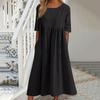 O-Neck Half Sleeve High Waist Pockets Casual Dress Women Pleated Flowy Hem Solid Midi Dress