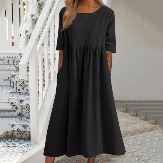O-Neck Half Sleeve High Waist Pockets Casual Dress Women Pleated Flowy Hem Solid Midi Dress