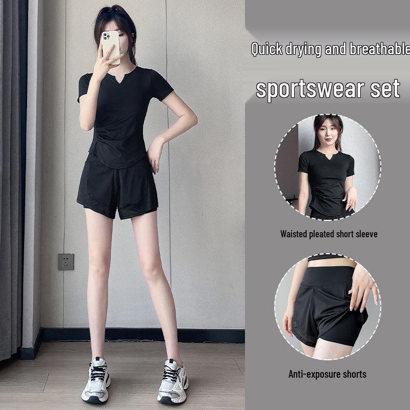 Women's Summer 2025 Slim Fit Ice Silk Sportswear Set: Quick-Dry Top & Fitness Shorts