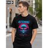 Men's Retro Atomic Paradise Graphic Tee, Short Sleeve Crew Neck Cotton Blend Shirt with Neon Sunset Mushroom Cloud Print for Casual Streetwear