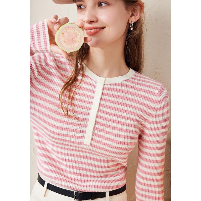Women's Striped Color-Block 100% Wool Crew Neck Sweater