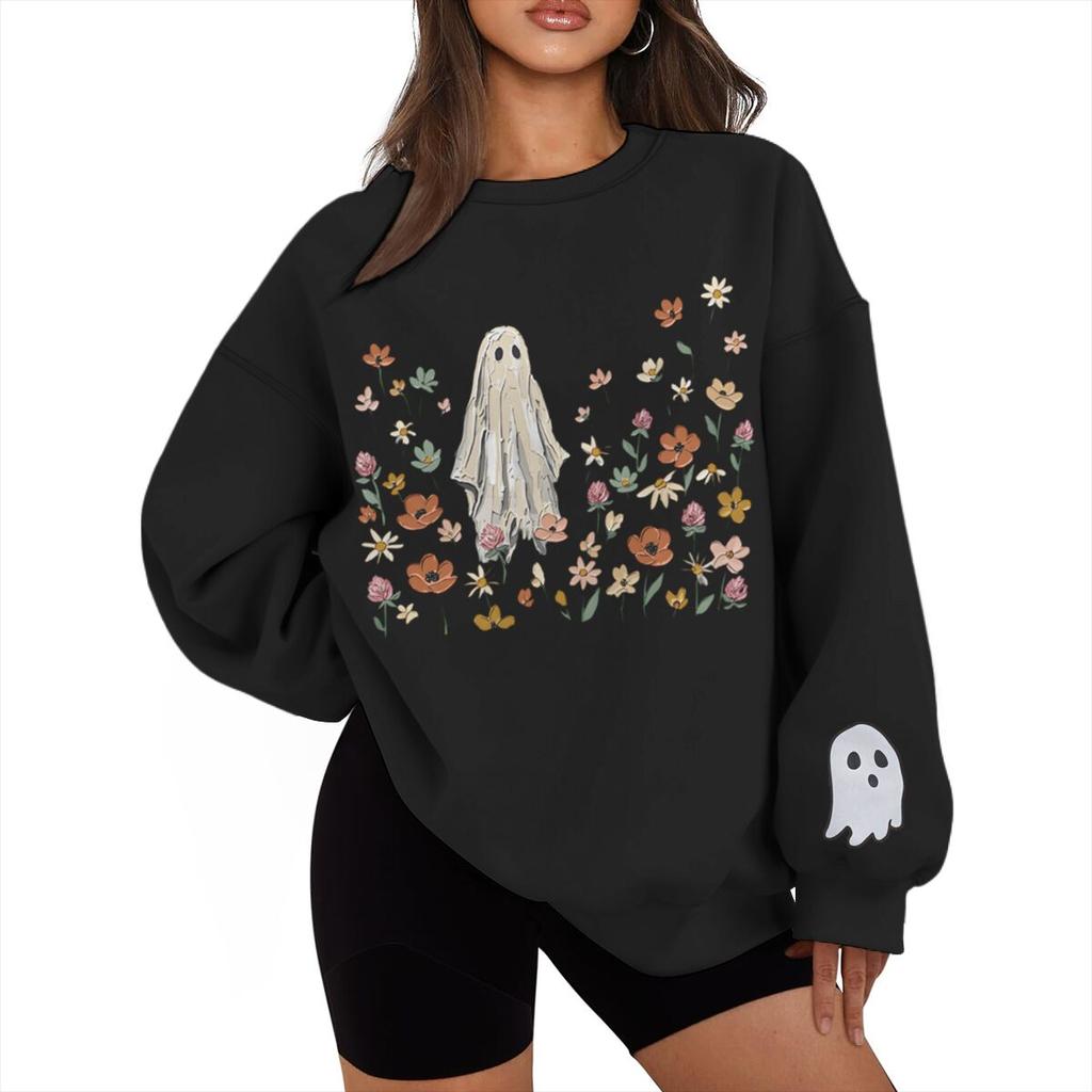 Vintage Halloween Floral Ghost Print Sweatshirt Women Men Crew Neck Long Sleeve Casual Pullover Halloween Sweatshirts Gifts