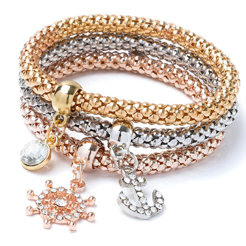 3-in-1 elastic popcorn corn bracelet for women, 3-color gold-plated butterfly crown, boat anchor jewelry, Valentine's Day gift