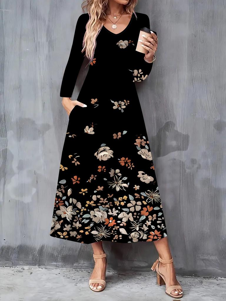 2025 Autumn and Winter New Women Casual Fashion Dress 3D Butterfly Print Long Sleeve V-Neck A-Line Dresses