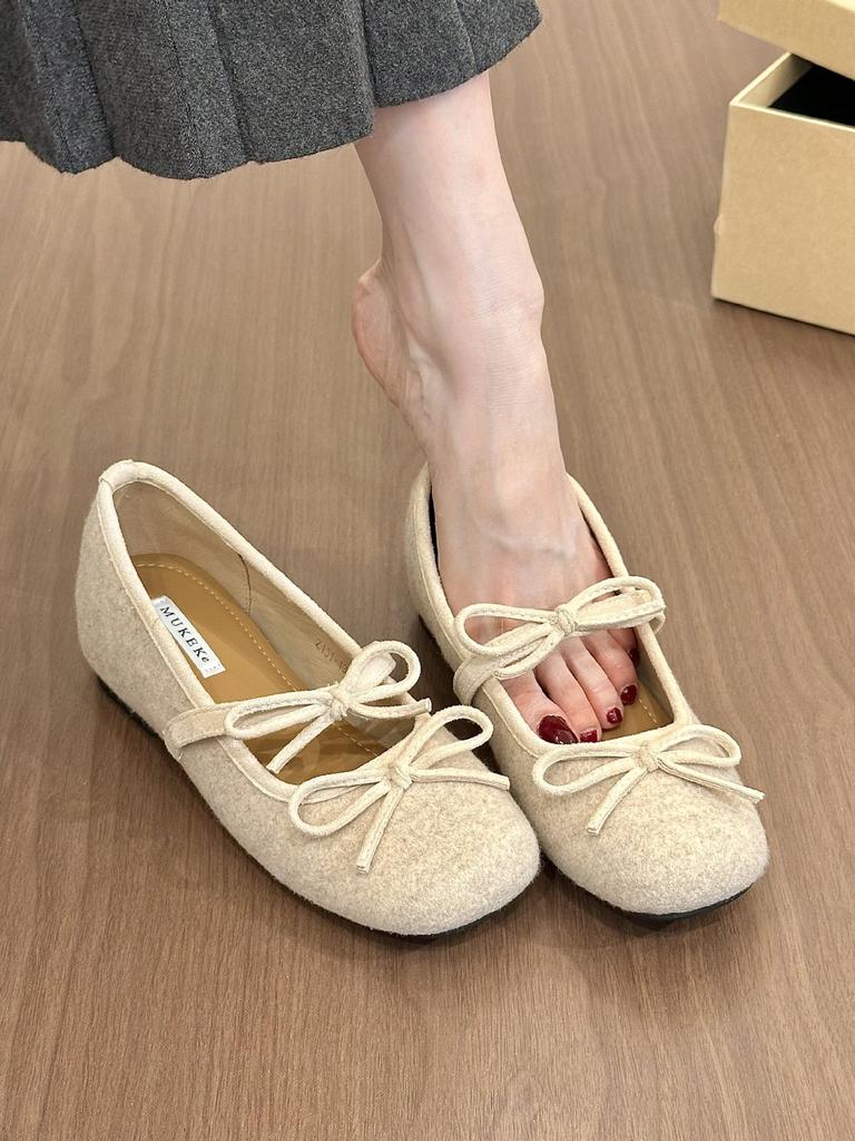 Gray's sweet girl retro woolen round head bow Mary Jane shoes women's autumn height-increasing short boots