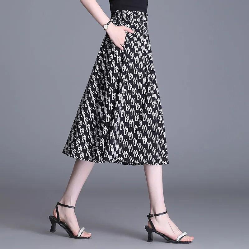 Summer New Fashion Elegant High Waist Wide Leg Pants Women Print Letter Pockets Loose Casual Straight Thin Casual Skirts