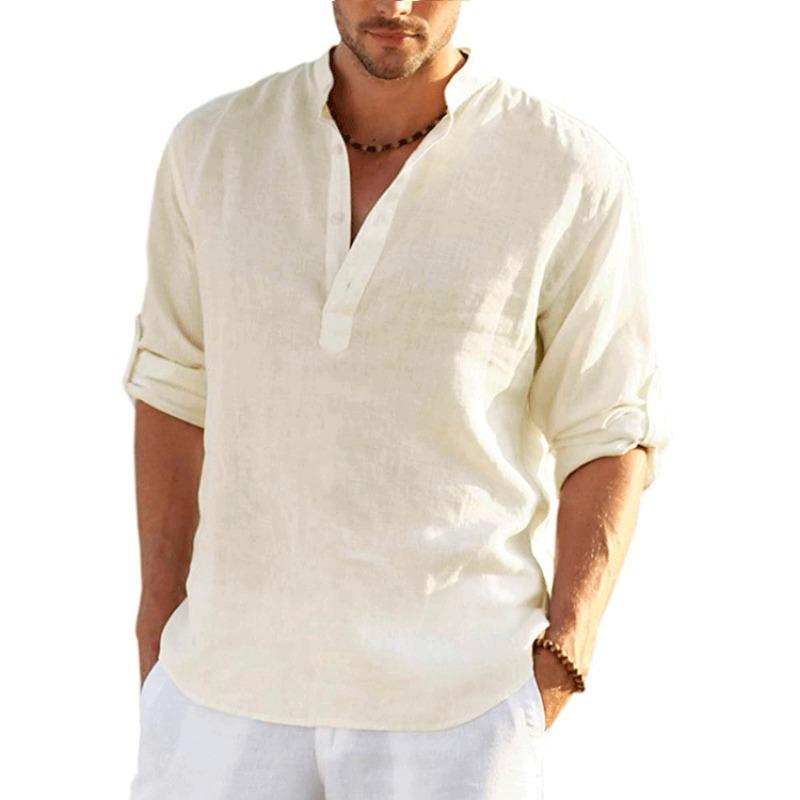 T-shirt di Lino da Uomo Top Largo Tinta Unita Maniche Lunghe Camicia di Cotone Lino
