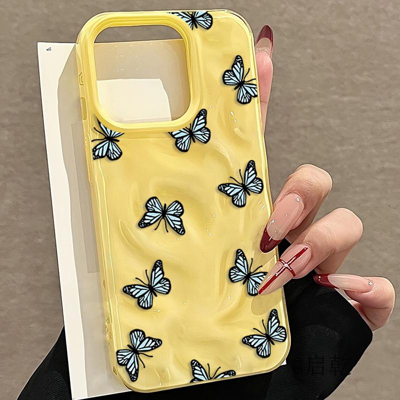 Cute Blue Butterfly Phone Case for iPhone 17 16 Plus 15 14 Pro 13 12 11 Pro Max Air 16E Wave Texture Soft TPU Protective Cover