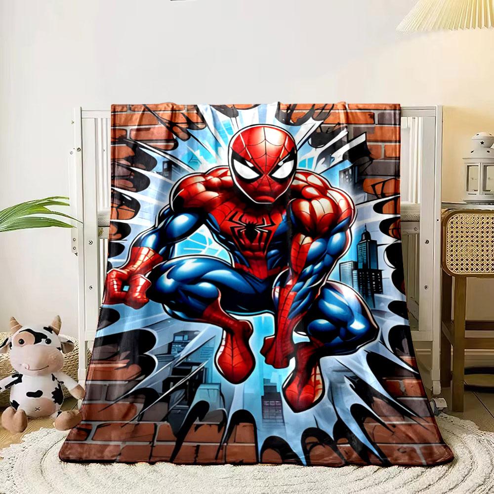 A superhero bursting through a brick wall with dynamic energy and colors. for all seasons blanket lunch break throw gift 80cm x 120cm