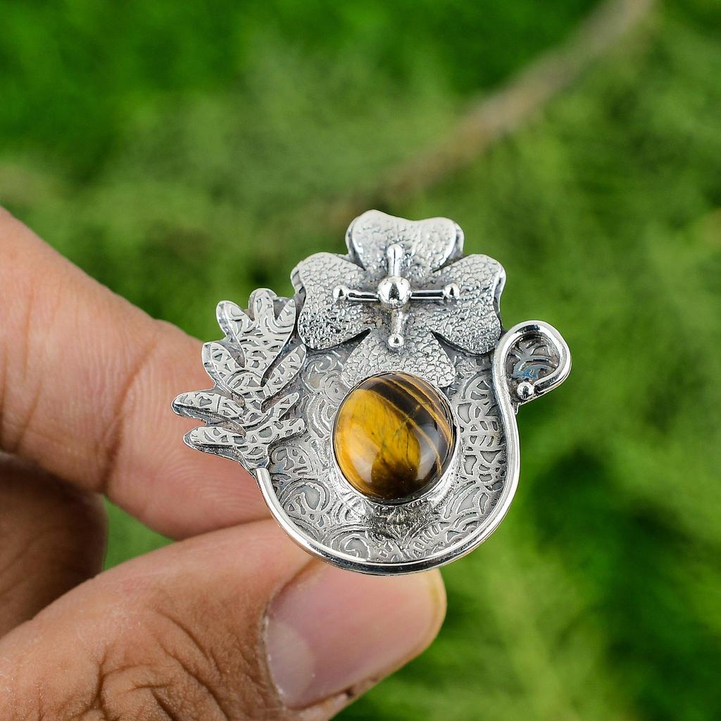 Gift For Her Natural Tiger'S Eye Statement Flower Adjustable Ring 925 Silver