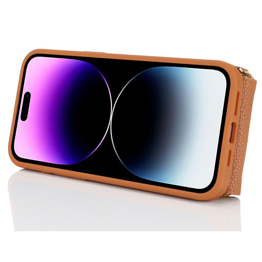 For iPhone 14 Pro Max Case with Zipper Pouch/Ring Kickstand/Strap Litchi Texture PU + TPU Phone Cover