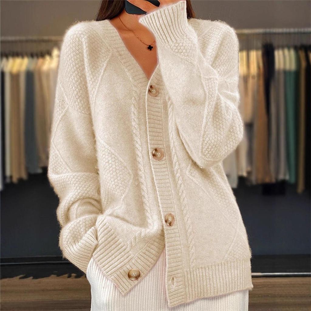 2025 Fall/Winter Women's V-Neck Long Sleeve Jacquard Knit Cardigan Sweater