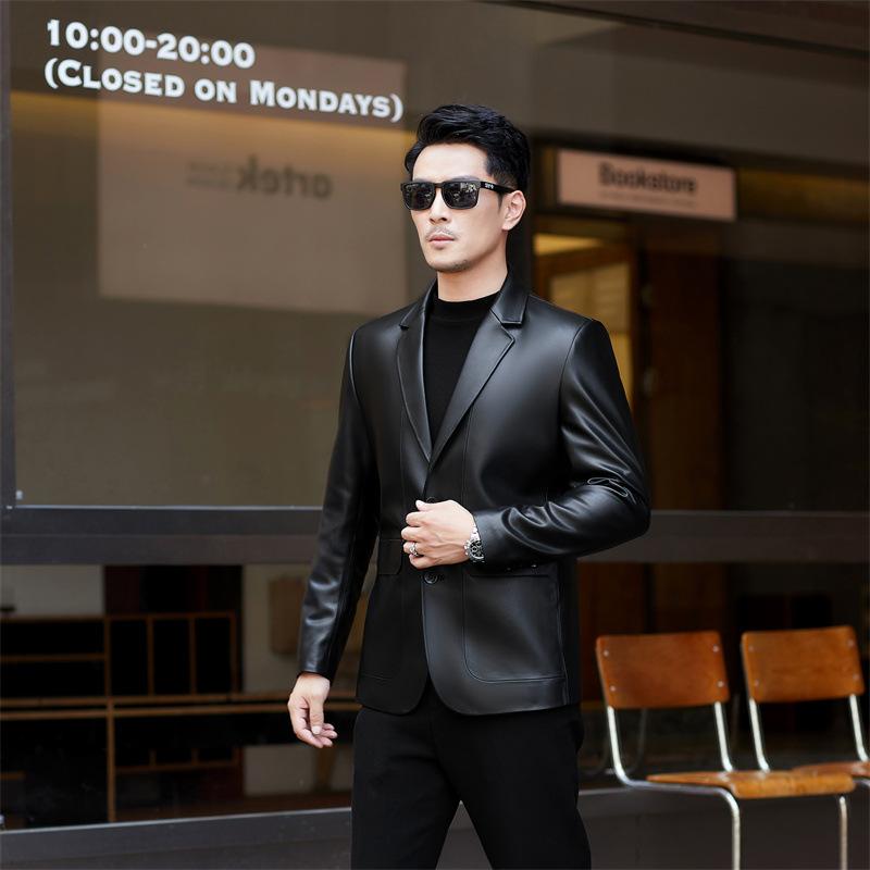 

Кожаная куртка осень новая деловая с лацканами куртка из овчины мужской кожаный блейзер 5XL/60 чёрный