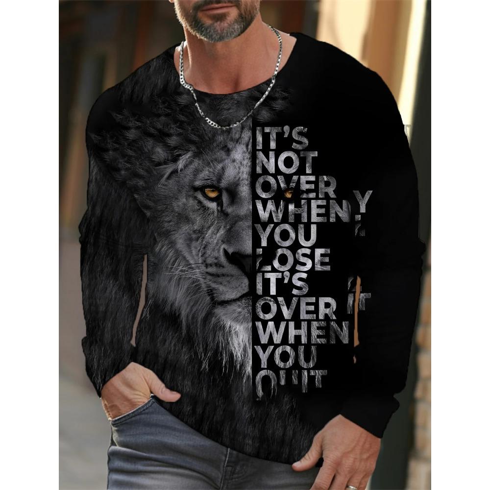 Lion 3D Digital Printed Men's Fashion Trend Round Neck Long Sleeved T-shirt