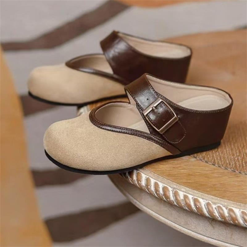 

Retro inner heightening Birkenstocks women s small Mary Jane shoes summer one pedal bag head half drag belt wheel women s shoes 35
