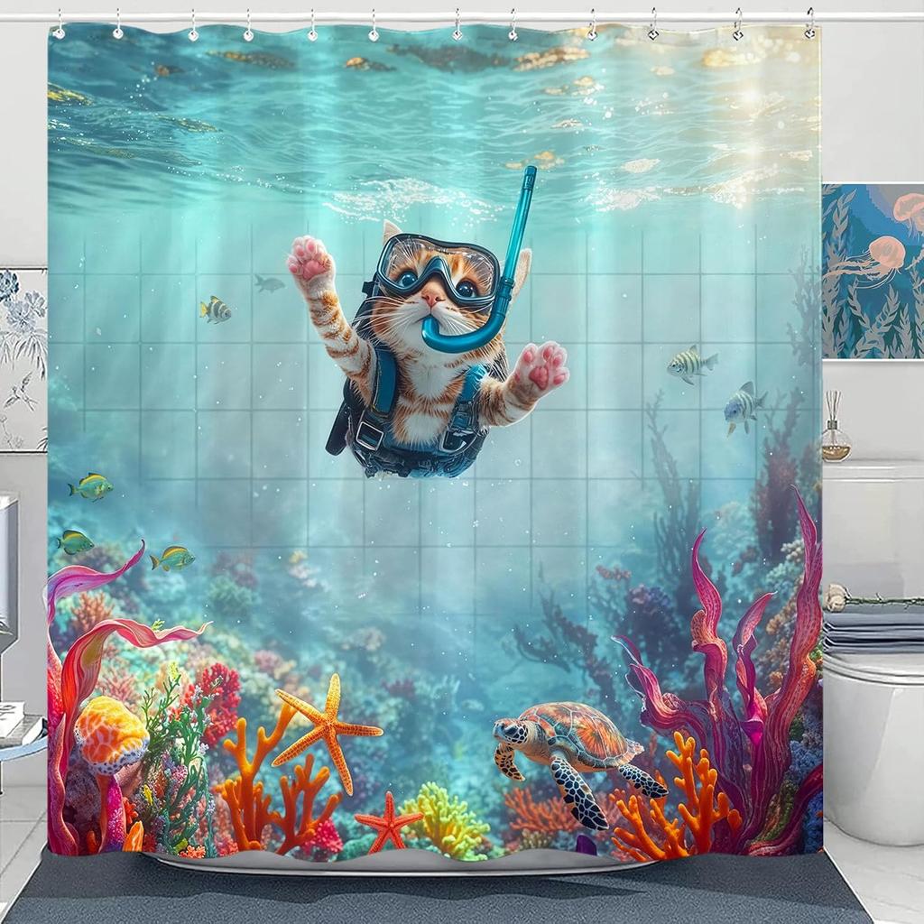 Funny Cat Shower Curtain Set Great Wave Art Style Relaxing Feline Waterproof Bathroom Shower Curtain Japanese Scene Home