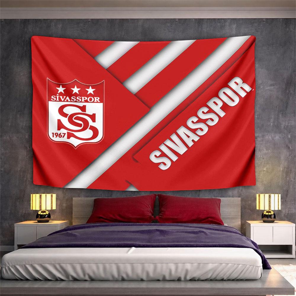 Diagonal red and white design with "Sivasspor" text and logo. Patterned tapestry for bedroom and living room home decor