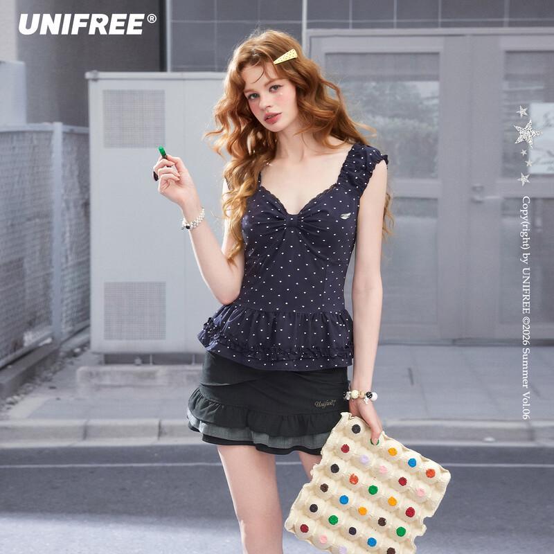 Women s Vintage Polka Dot Ruffle V-Neck Sleeveless Blouse One Size