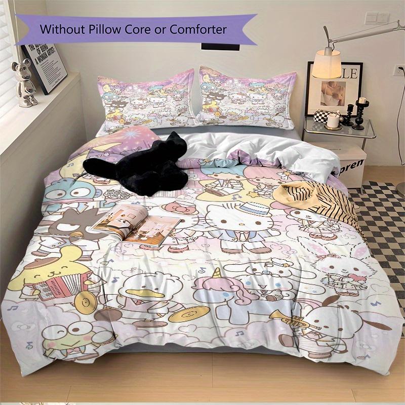 3pcs Fireworks Sanrio Characters Printed Quilt Set - Includes 1 Quilt Cover and 2 Pillowcases, Machine Washable - Suitable for All Seasons.W035