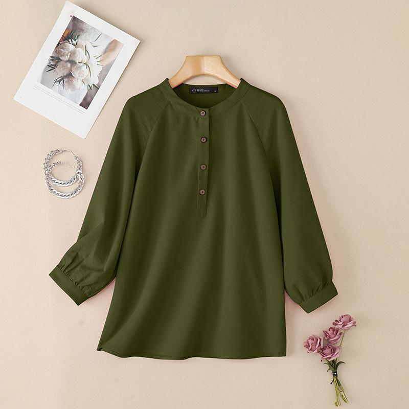 

ZANZEA Женская повседневная блузка с круглым вырезом, однотонная, свободного кроя, с длинным рукавом XL армия зеленый