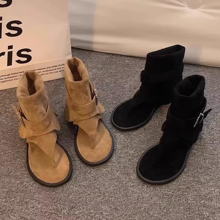 2025 New French Flip-flops Women's Flat-bottomed Cool Boots Wear Retro Flat-bottomed Temperament Sleeve Trousers Short Boots