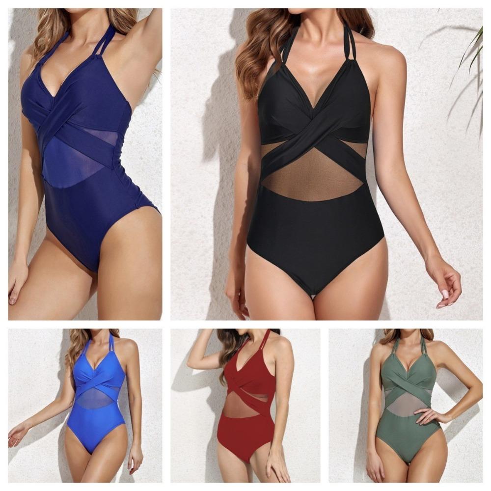New European and American One-piece Swimsuit Women's Solid Color Mesh Bikini Swimsuit Bikini