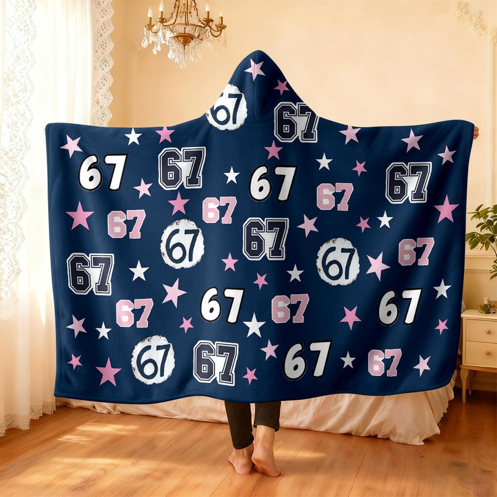 1Pc Six Seven Element Printed Hooded Flannel, Wearable Cape Blanket, Soft And Warm, Multi Size Nap And Leisure Blanket