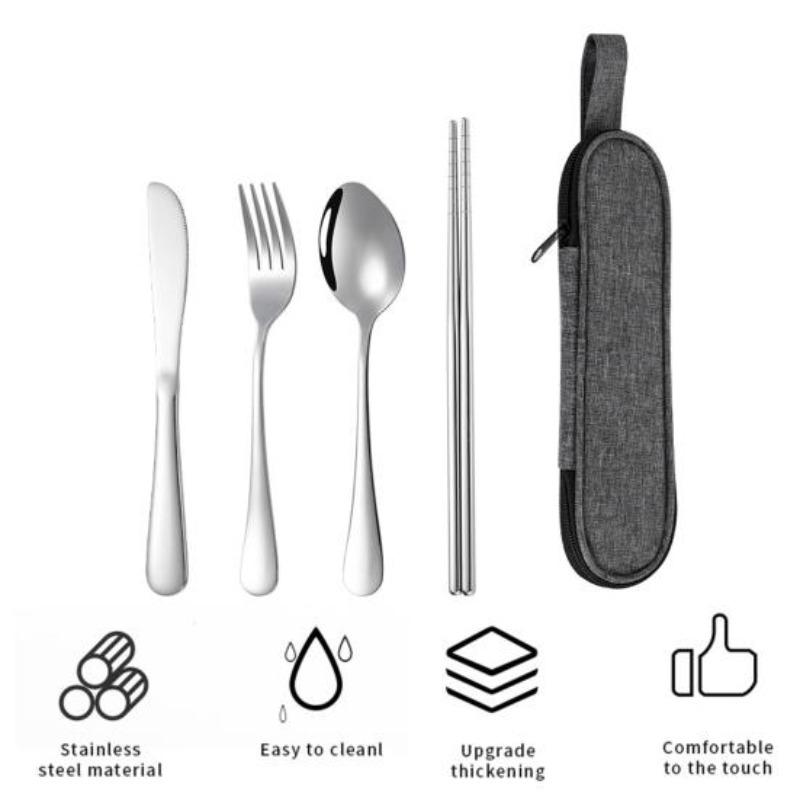 Stainless Steel Cutlery Set 4-Piece Retro Tableware Fork Spoon Chopsticks Knife with Storage Bag Mirror Polished Dishwasher Safe Cutlery Set