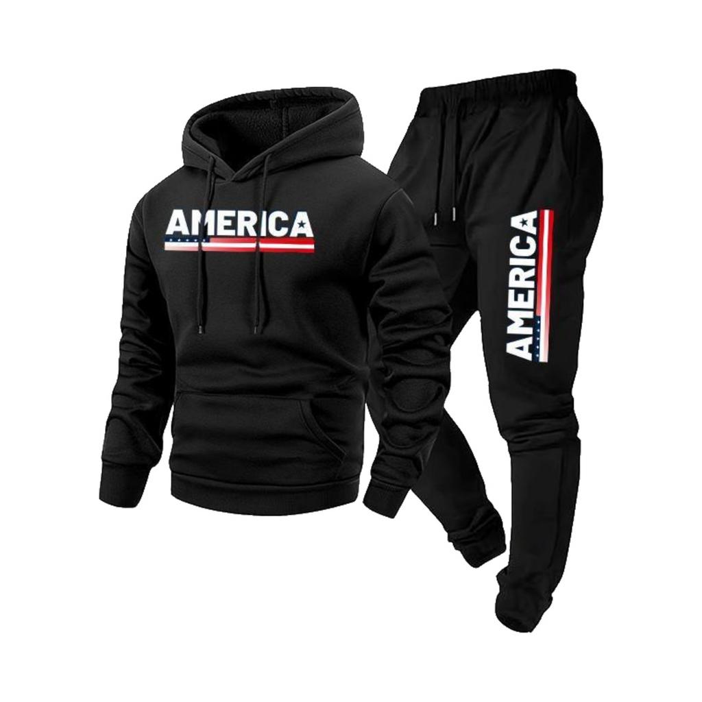 Men's Casual -color Letter Print T-shirt Set - Men's Fleece Hooded Drawstring T-shirt And Pants Two-piece Set