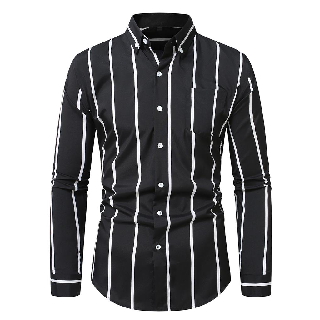 Autumn Men'S Vertical Stripe Long Sleeve Shirt Fashion Multi-Color Button-Neck Business Casual Shirt