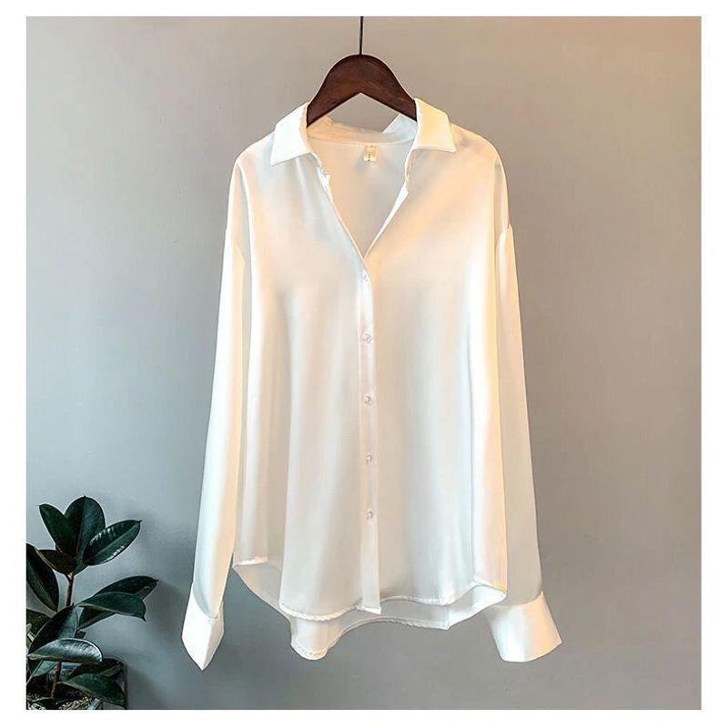 Long Sleeves Satin Shirt Women's Stylish Fashion New Spring & Fall Drape Retro Hong Kong Style Loose Tops Shirt