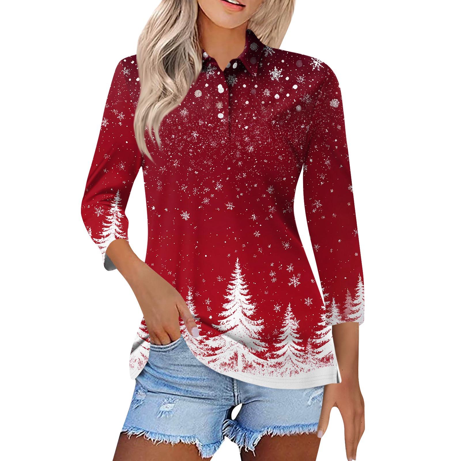 

Women s Fashion Casual Lapel Short 3/4 Sleeve Christmas Print Shirt Women s Button Up Tops XL