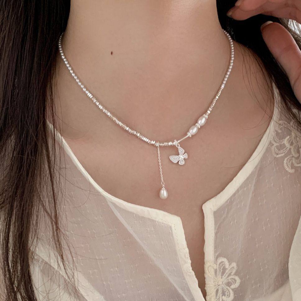 Korean sweet and simple style zircon butterfly fringed pearl necklace accessories women s sweater chain necklace