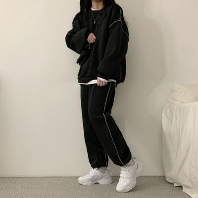 Yousheng 2 Pcs/Set Women Top Pants Set Round Neck Long Sleeves Solid Color Sweatshirt Elastic Waist Loose Trousers Sport Outfit Fall Spring Tracksuit