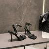 New Summer Square Head Niche One-word with Sandals High Heels Women's Thin Heels Black Suede Open-toed Versatile