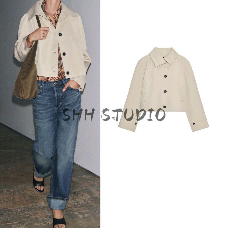 Autumn New Women clothes French style Minimalist Cotton Single-Breasted Turtleneck Long sleeve Short Trench coat 3833245